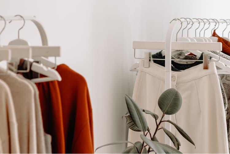 A rust-coloured jumper and cream trousers on a rail, a plant in front